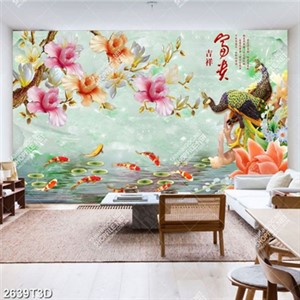 Tranh công bên đàn cá và hoa đẹp