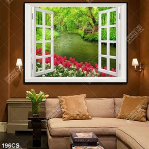 Tranh cửa sổ và hoa tulip bên dòng sông xanh