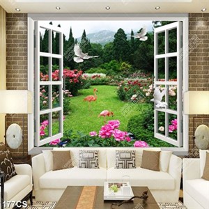 Tranh chim hạc hồng trong vườn hoa bên ô cửa gắn tường