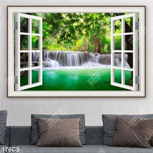 Tranh thác nước bên khung cửa sổ in kính