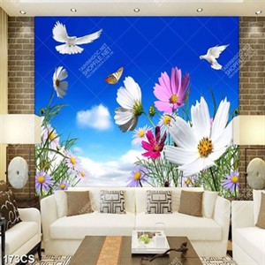 Tranh bầu trời trong xanh và hoa đẹp