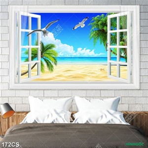 Tranh bãi biển thơ mộng bên ô cửa
