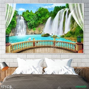 Tranh ban công bên thác nước hùng vĩ in uv