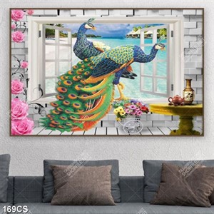 Tranh cửa sổ và chim công decor phòng