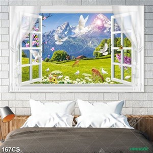 Tranh núi rừng hùng vĩ bên ô cửa sổ