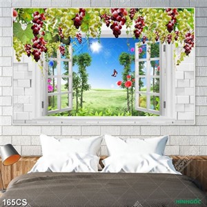 Tranh những chùm nho bên ô cửa sổ in kính