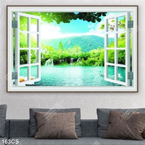Tranh phong cảnh thác nước đẹp bên khung cửa in uv