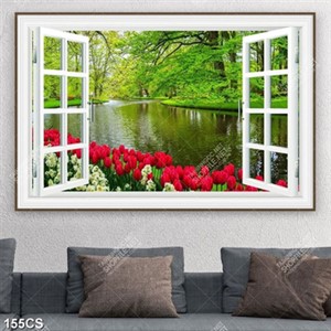 Tranh vườn hoa tulip bên ô cửa nhìn ra hồ nước đẹp in kính