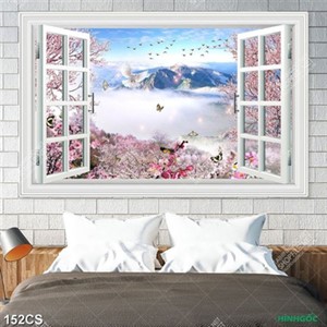 Tranh cửa sổ bên vườn hoa phủ sương mờ đẹp nghệ thuật