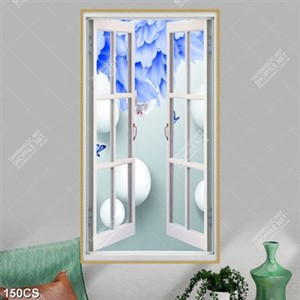 Tranh 3D hoa giả ngọc bên ô cửa in kính