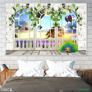 Tranh chim công trong khung cửa sổ in uv