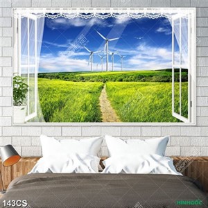 Tranh khung cửa sổ nhìn ra cối xoay gió giữa cánh đồng cỏ