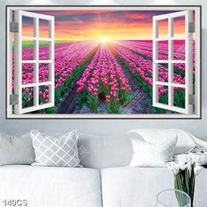 Tranh khu vườn hoa tulip và cửa sổ in kính