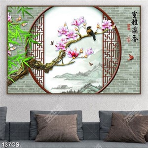 Tranh hoa mộc lan và ô cửa sổ file gốc