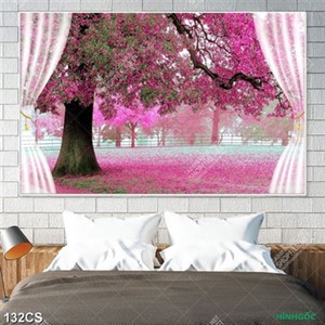 Tranh phong cảnh mùa thu lá đỏ bên ô cửa nhỏ