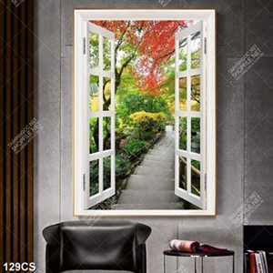 Tranh phong cảnh mùa thu bên ô cửa in kính