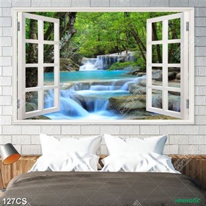 Tranh phong thủy thác nước đẹp bên ô cửa sổ in kính