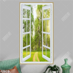 Tranh cánh đồng cỏ bên khung cửa