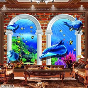 Tranh 3D đại dương và đàn cá heo trang trí tường đẹp