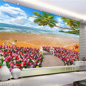 Tranh phong cảnh biển và vườn hoa nghệ thuật đẹp file psd