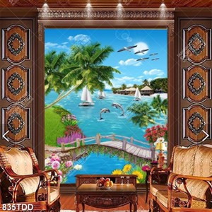 Tranh cây cầu và khu resort trên biển file psd