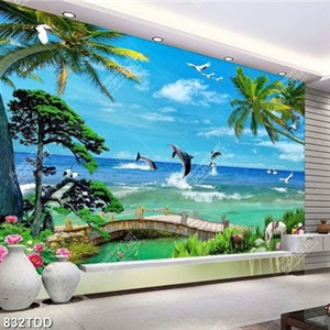 Tranh phong cảnh biển và cá heo, ngựa đẹp lạ