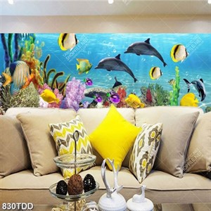 Tranh 3d đàn đôi cá heo và san hô in bể cá đẹp