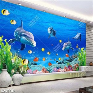 Tranh đàn cá heo dưới đáy đại dương xanh file psd