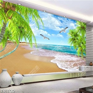 Tranh bãi cát và hàng dừa trên biển đẹp chất lượng cao