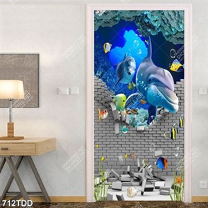 File tranh gốc tường 3D và đôi cá heo trang trí phòng bé đẹp
