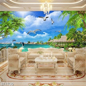 Tranh phong cảnh resort trên biển và cá heo file gốc