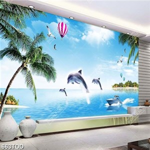 Tranh 3D đàn cá heo và hàng dừa xanh