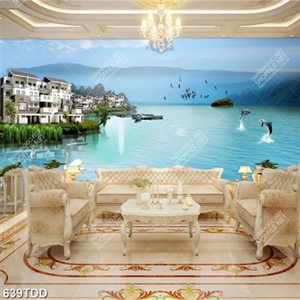 Tranh phố ven biển và cá heo file psd