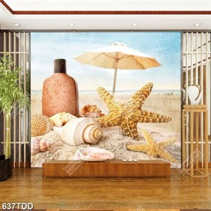 Tranh sao biển và vỏ sò trên bãi cát