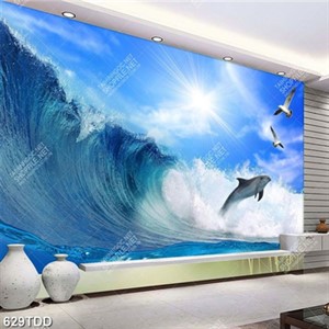 Tranh sóng biển gợn sóng và cá heo