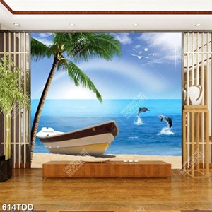 Tranh con thuyền trên bãi cát và đôi cá heo trên biển file psd