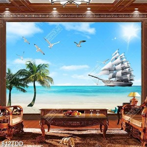 Tranh con thuyền trên biển và cây dừa psd