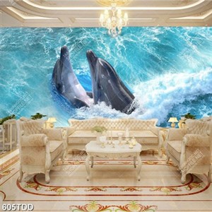 Tranh chất lượng cao đôi cá heo trên mặt nước xanh