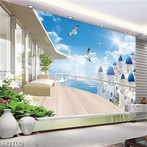 Tranh chất lượng cao ban công nhìn ra tòa lâu đài trên biển