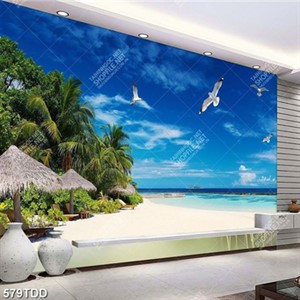 Tranh khu nghỉ dưỡng trên biển và chim hải âu psd