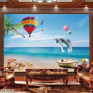 Tranh psd biển và cá heo, chim hải âu