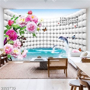 Tranh gắn tường hoa mẫu đơn và cá heo đẹp