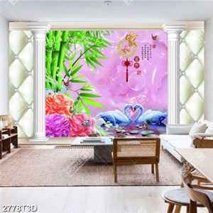 Tranh phòng khách thiên nga và tre chữ hán phong thủy