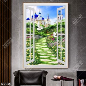 Tranh cửa sổ hướng ra tòa lâu đài và hoa trang trí phòng khách