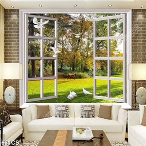 Tranh cửa sổ bên đồng cỏ xanh và chim câu in uv