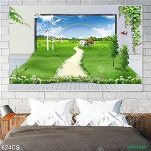 Tranh 3D cối xoay gió và cánh đồng cỏ xanh đẹp nhất
