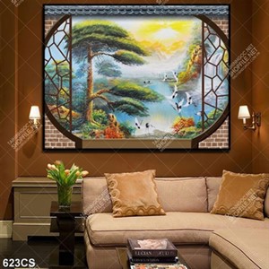 Tranh sơn dầu đàn cò và cây tùng nghệ thuật bên ô cửa
