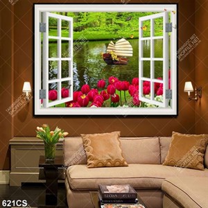 Tranh cửa sổ bên dòng sông file gốc