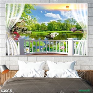 Tranh decor tường ban công bên hồ sen chất lượng cao