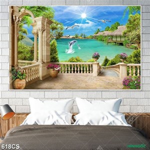 Tranh ban công nhìn ra biển và những chú cá heo in uv